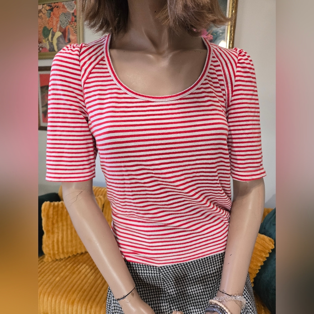 Max Studio Red and White Striped Cropped Short Sleeve Top.